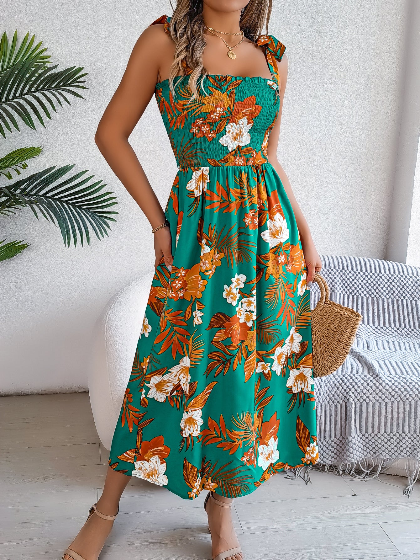 Women's Floral Print Tie Waist Camisole Beach Vacation Maxi Dress