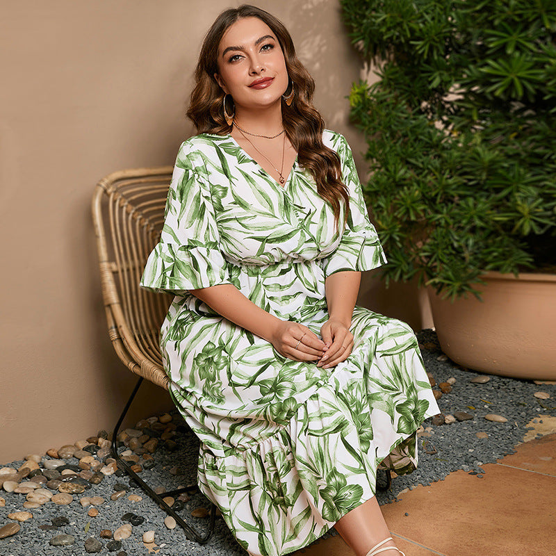 Casual Vacation Plus-size Flared Sleeve Maxi Dress