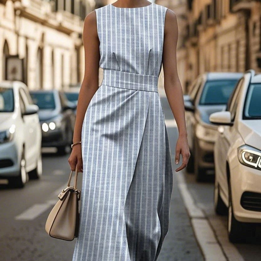 Womens Sleeveless Striped Polka-DotFloral Maxi Dress
