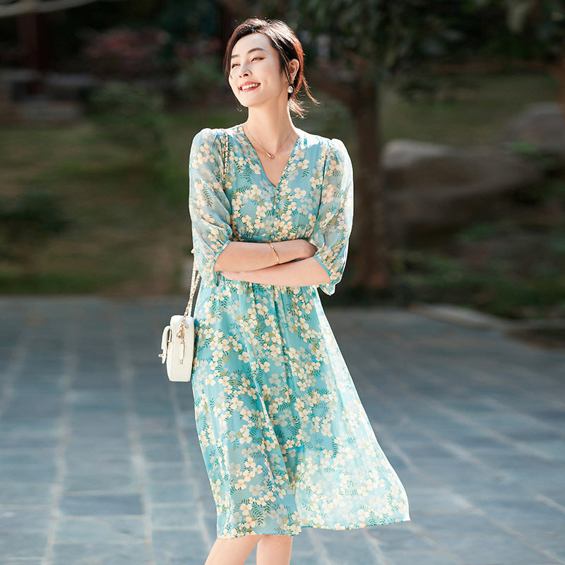 Elegant Waist Cinching Floral Silk Dress