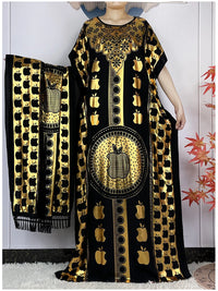 New ALFO  Muslim Summer Short Sleeve Robe Gold Stamping Boubou Maxi Women Femme Loose Dress With Big Scarf African Abaya Clothes