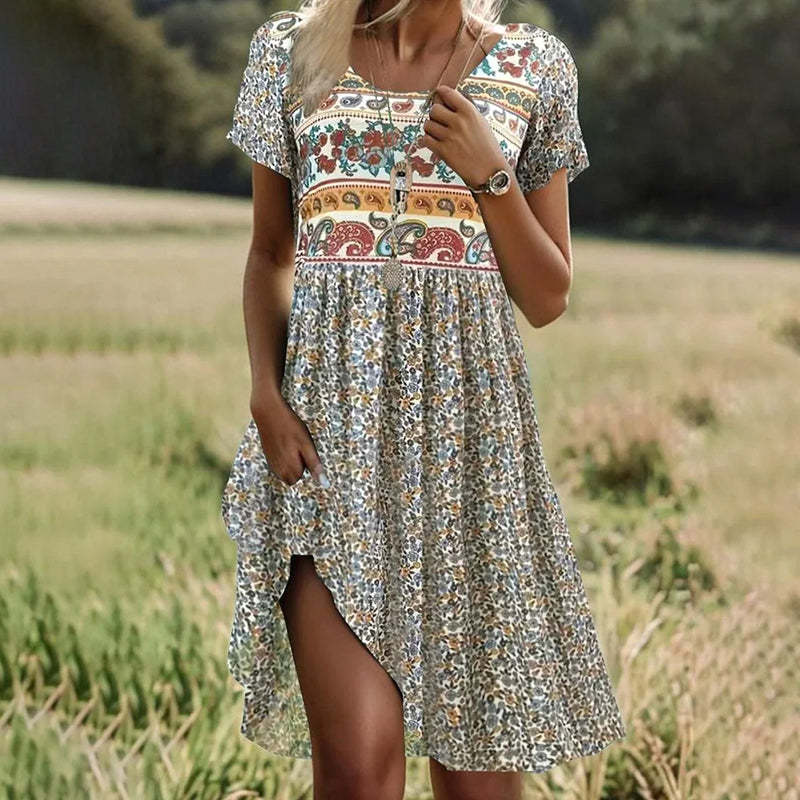 Women's Round Neck Short Sleeve Maxi Dress Bohemian Print Dress