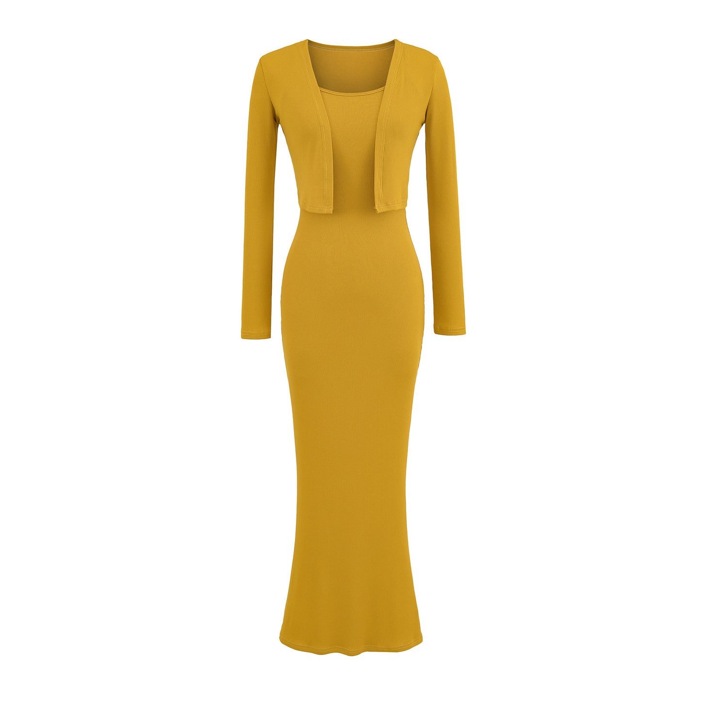 Strap Fish-tail Maxi Dress With Long-sleeve Cardigan A Sassy Two-piece Set For Women