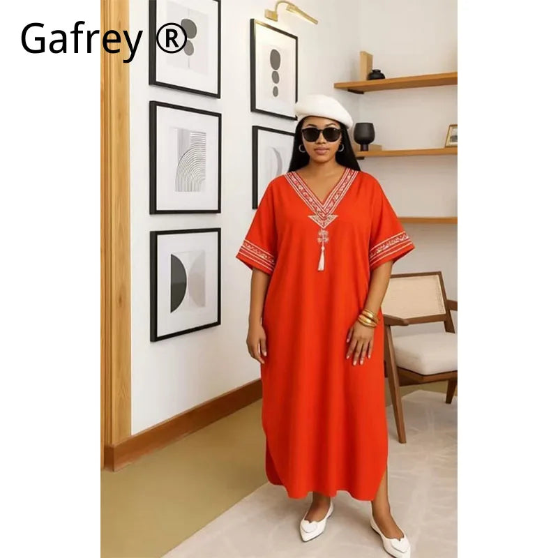 Middle Eastern Printed Abaya Women V-Neck Arab Ethnic Kaftan Muslim Maxi Dress Dubai Style Long Robe Islamic Traditional Gown
