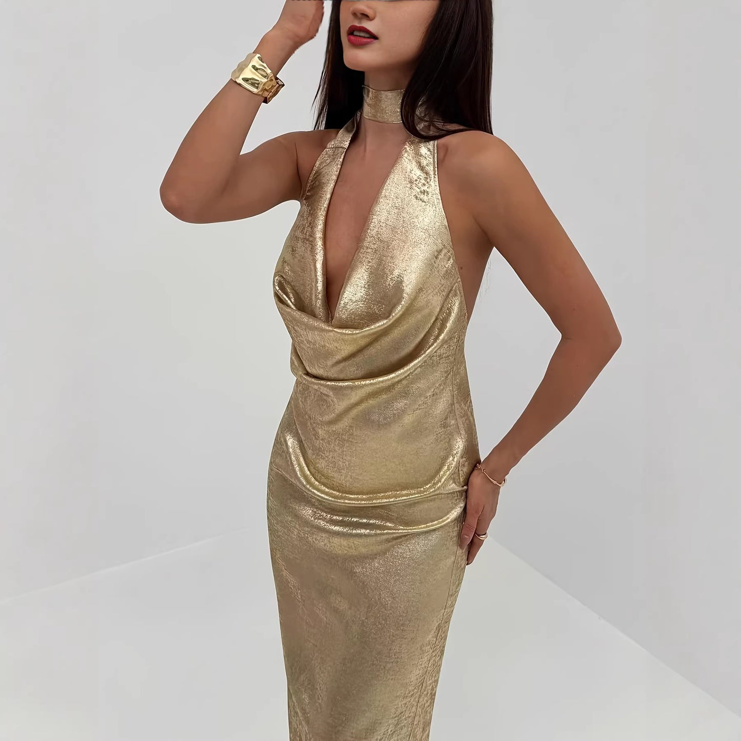 V-neck Open-back Gold Maxi Dress