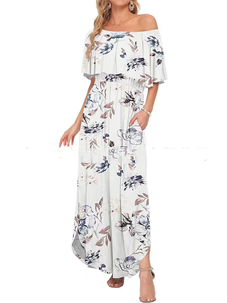 Printed Off-shoulder Short-sleeve Maxi Dress