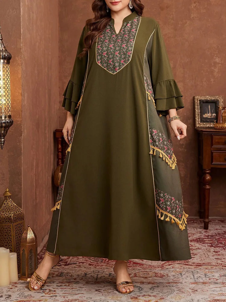 GIBSIE Plus Size Ethnic Style Print Tassel Abaya Dress Women Spring and Autumn Flared Sleeve Boho Loose Maxi Dresses 2026 New
