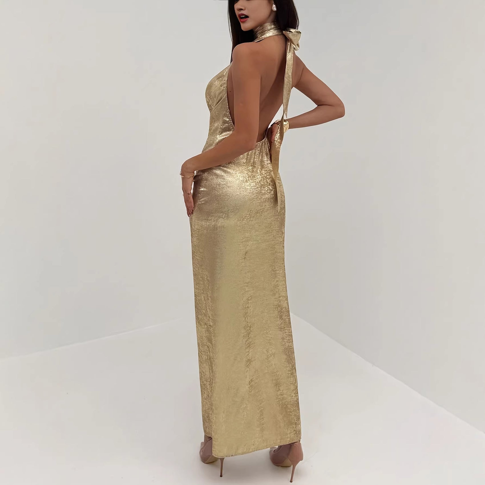 V-neck Open-back Gold Maxi Dress
