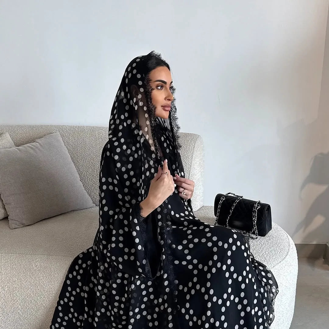 Eid Jalabiya Polka Dot Abaya Dubai Kaftan Muslim Woman Hijab Dress Kebaya Caftan Marocain Femme Robe Islam Clothing Ramadan Gown