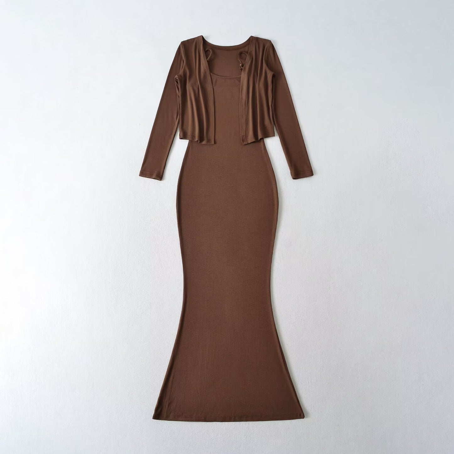 Strap Fish-tail Maxi Dress With Long-sleeve Cardigan A Sassy Two-piece Set For Women
