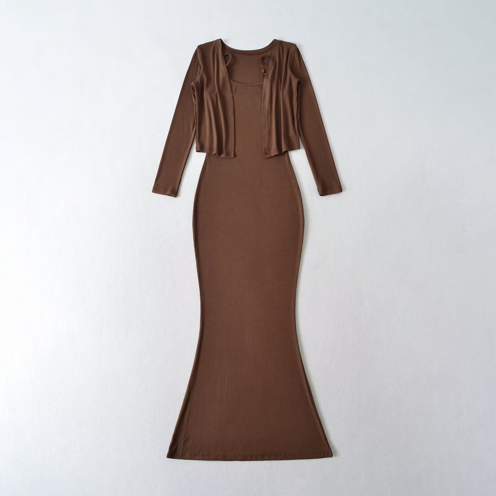 Strap Fish-tail Maxi Dress With Long-sleeve Cardigan A Sassy Two-piece Set For Women