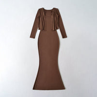 Strap Fish-tail Maxi Dress With Long-sleeve Cardigan A Sassy Two-piece Set For Women
