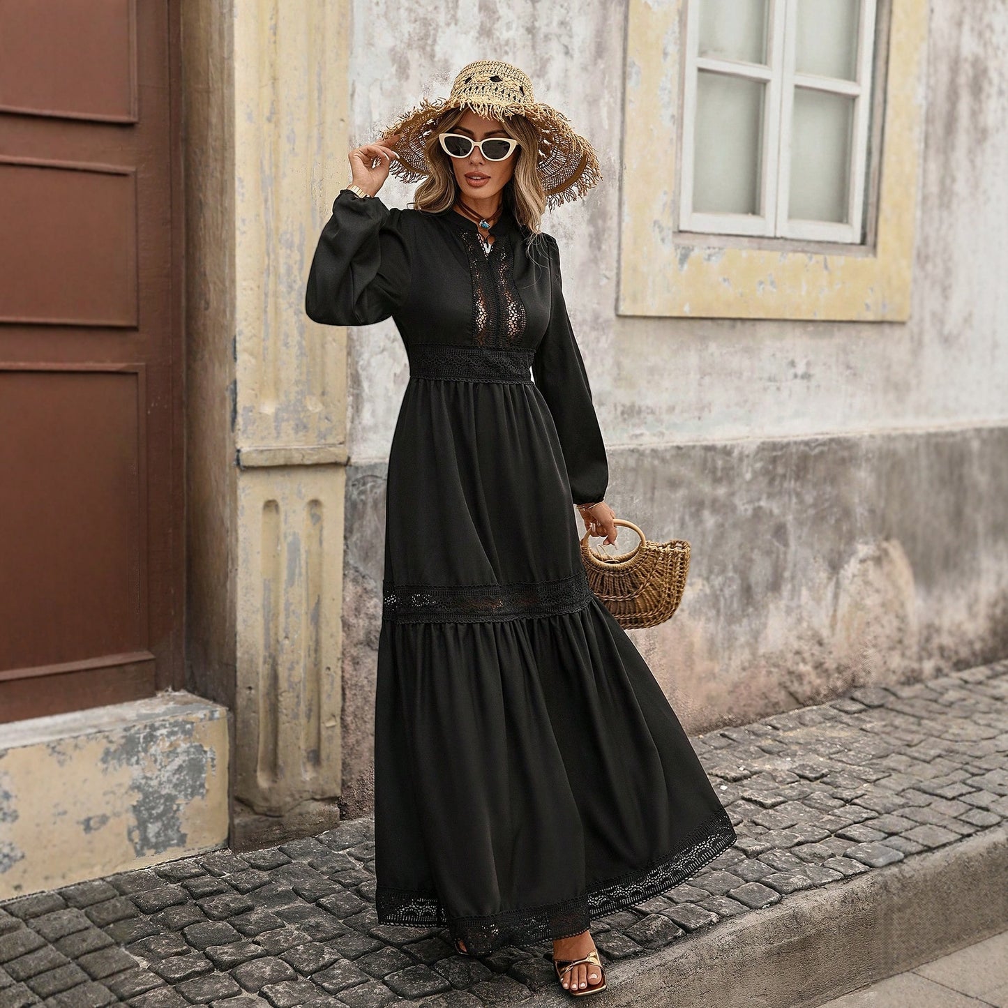 Lantern Sleeve Lace Panel Elegant Maxi Dress
