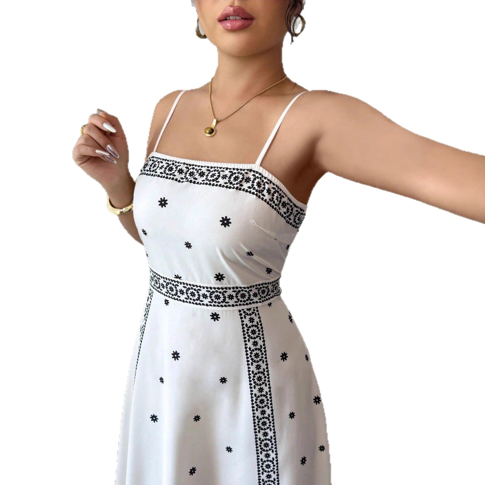 Fitted-waist White Printed A-line Maxi Dress