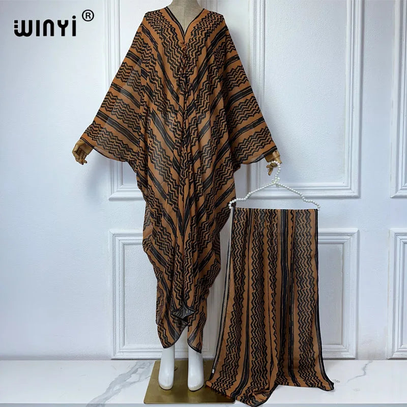 WINYI Fashion dress Chiffon v-neck with scarf Long Femme abaya dubai luxury Autumn Party Elegant Dress muslim women clothing