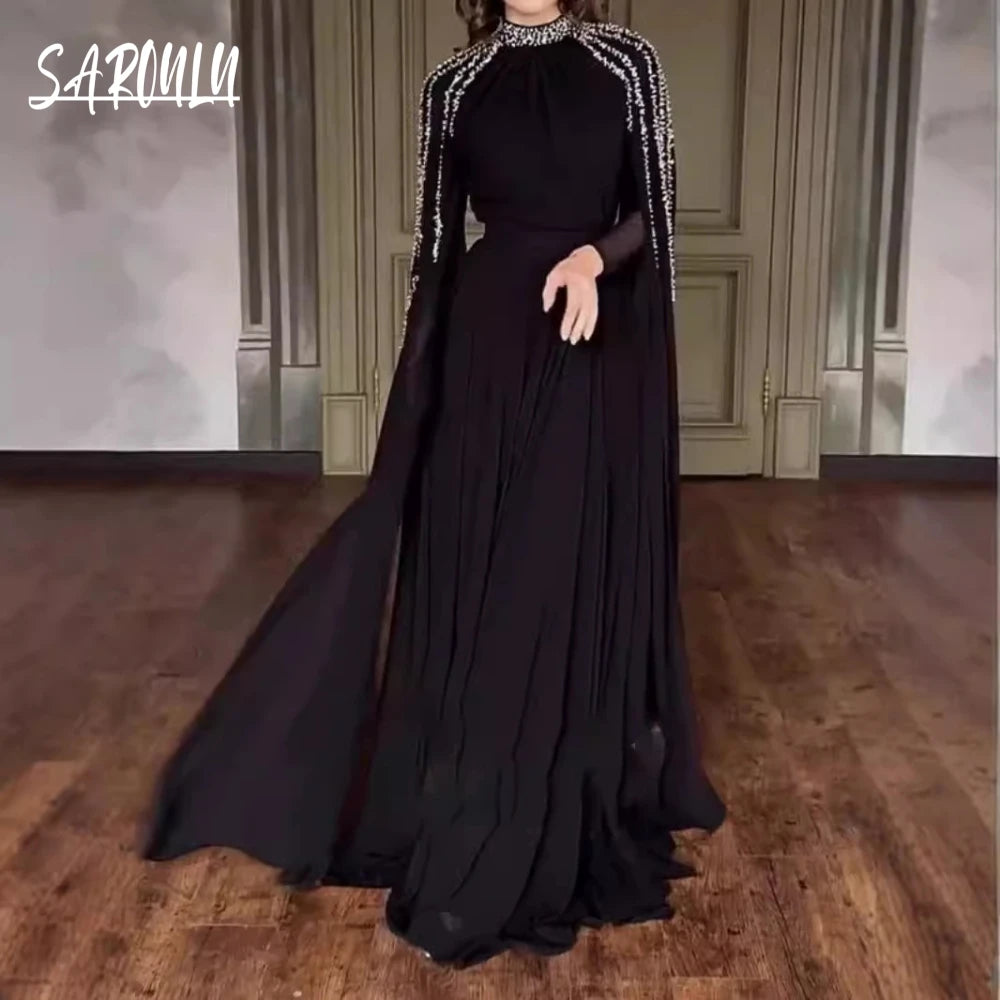 Modest Arabic Dubai Long Sleeves Evening Dress In Stock Silver Deatils A Line Formal Events Wear Classic High Neck Prom Gown