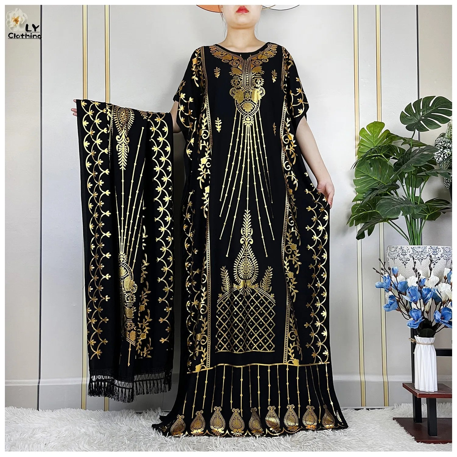 New ALFO  Muslim Summer Short Sleeve Robe Gold Stamping Boubou Maxi Women Femme Loose Dress With Big Scarf African Abaya Clothes