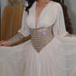 Deep V Long Sleeve Diamond Waist Maxi Dress