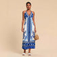 Womens Woven Printed Backless Halter Maxi Dress For Vacation