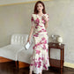V-neck Mesh Printed Short-sleeve Maxi Slip Dress