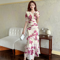 V-neck Mesh Printed Short-sleeve Maxi Slip Dress