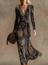 Womens V-neck Long-sleeve Maxi Dress