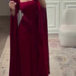 Elegant Burgundy Square - Neck Cape  Maxi Dress