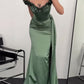 Green Off-shoulder Pleated Maxi Evening Dress