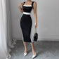 Women's Intellectual Style Dress With Square Neckline, Spaghetti Straps, And Color-blocked Maxi Dress