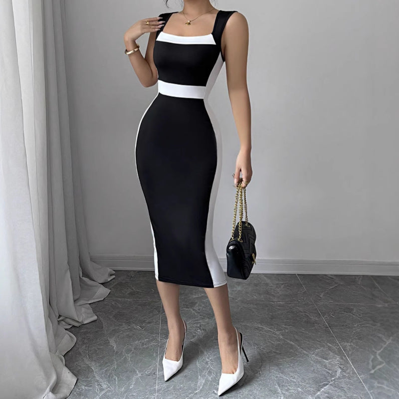 Women's Intellectual Style Dress With Square Neckline, Spaghetti Straps, And Color-blocked Maxi Dress