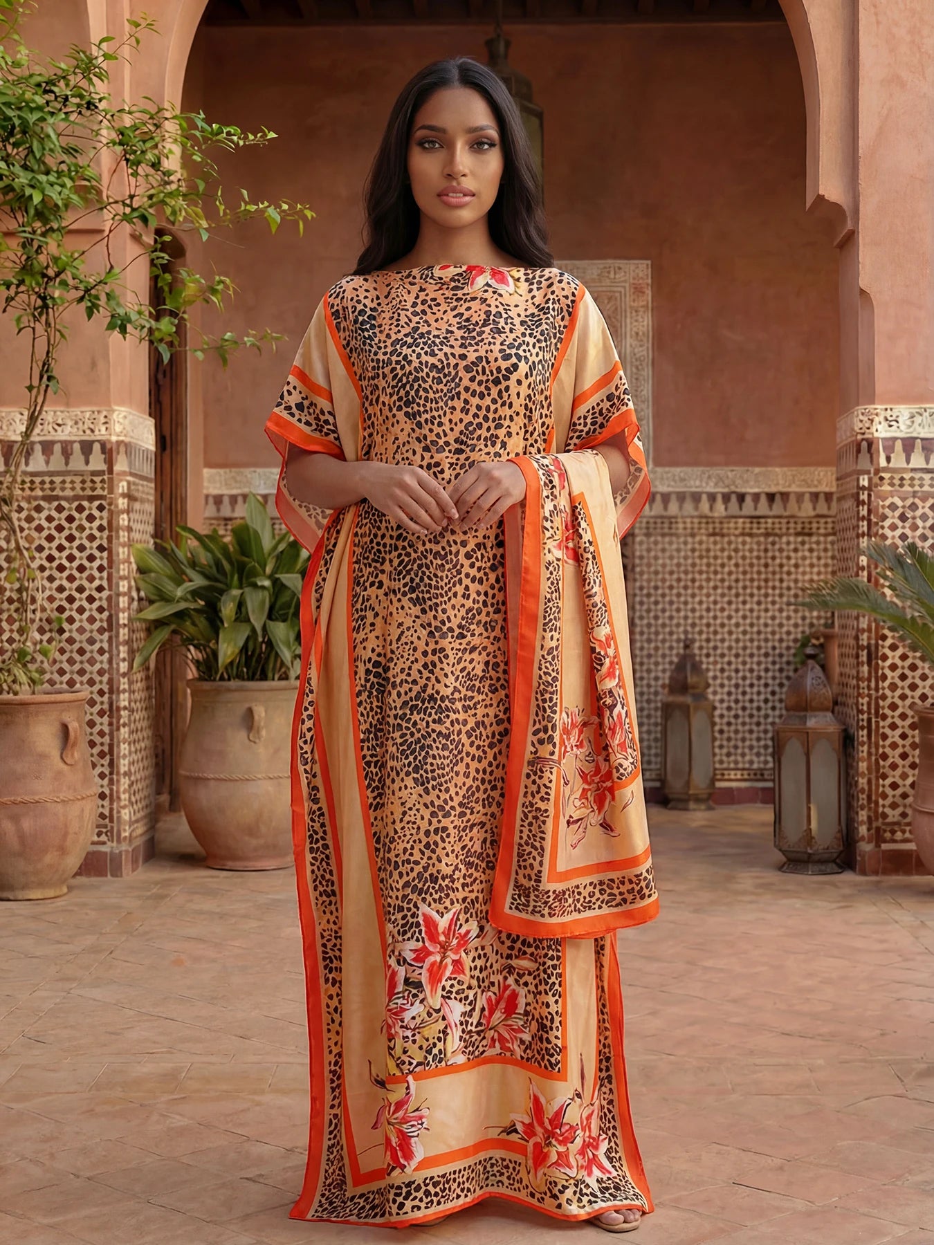 NEW Fashion Summer Dress With Big Scarf Dubai Turkey Kaftan Muslim Loose Abaya Women African Casual Leopard Print Shawl Robe
