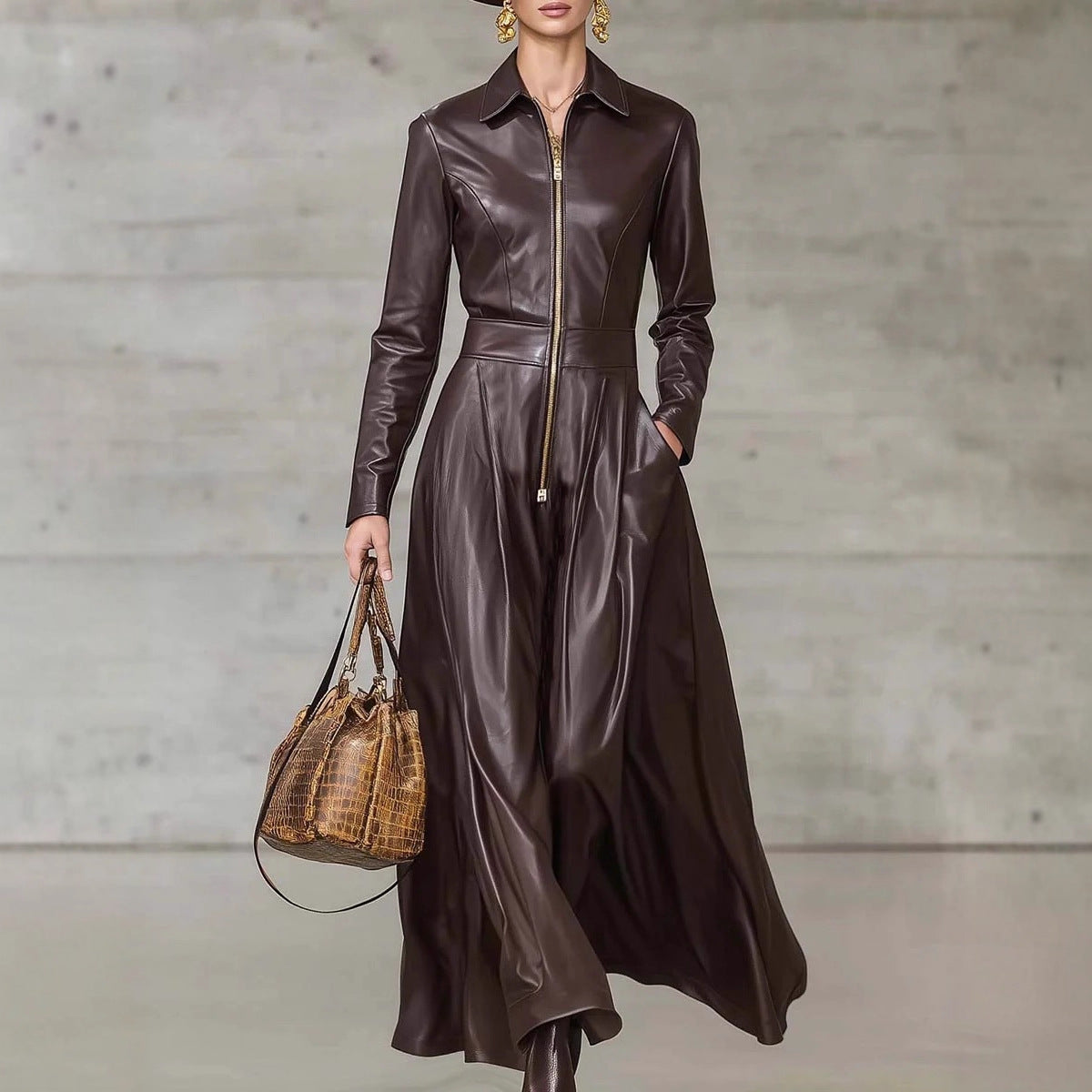 European And American Leather Long-sleeved Maxi Dress