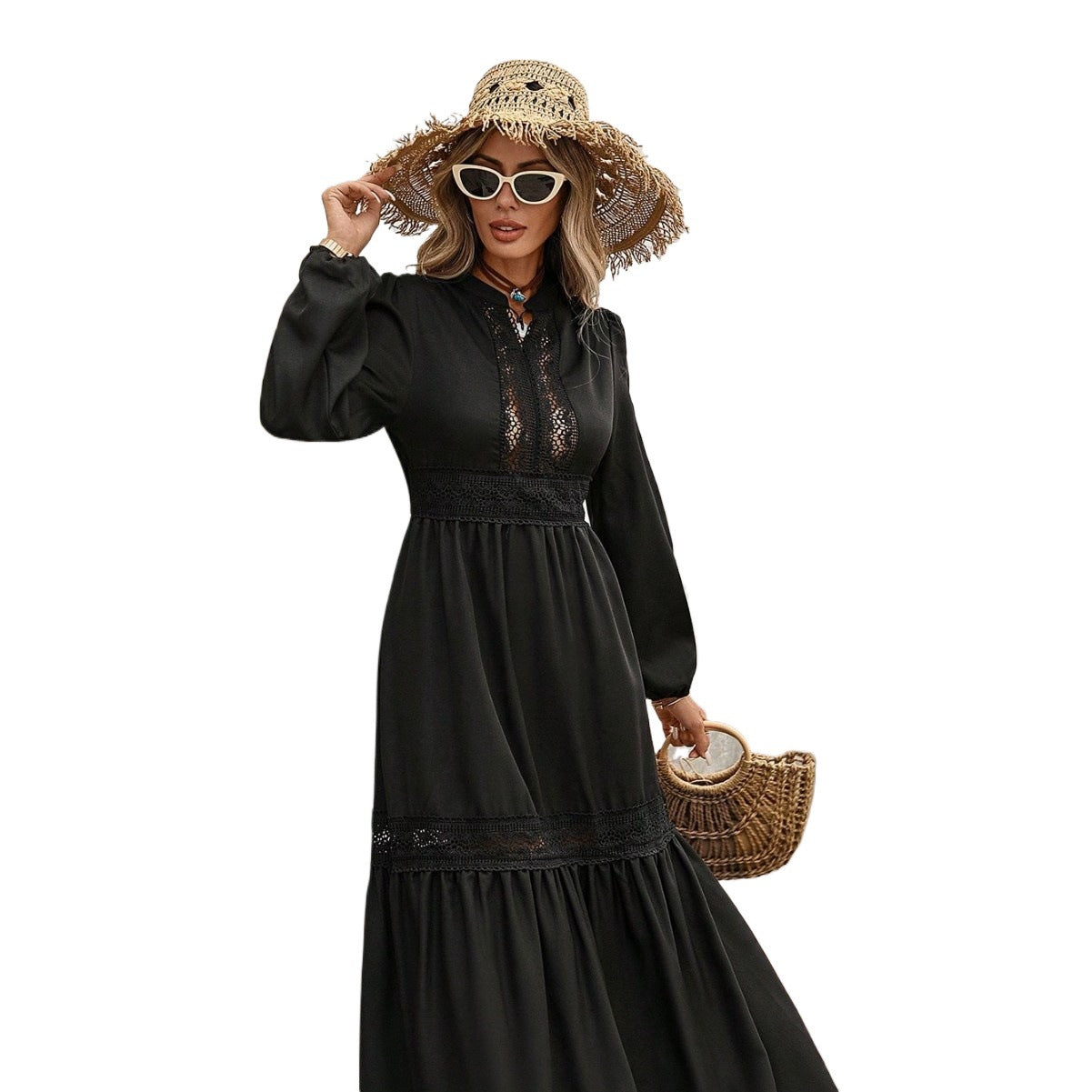 Lantern Sleeve Lace Panel Elegant Maxi Dress