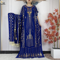 New ALFO  Muslim Summer Short Sleeve Robe Gold Stamping Boubou Maxi Women Femme Loose Dress With Big Scarf African Abaya Clothes