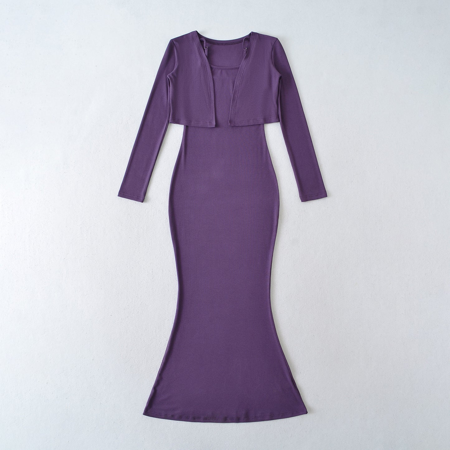 Strap Fish-tail Maxi Dress With Long-sleeve Cardigan A Sassy Two-piece Set For Women