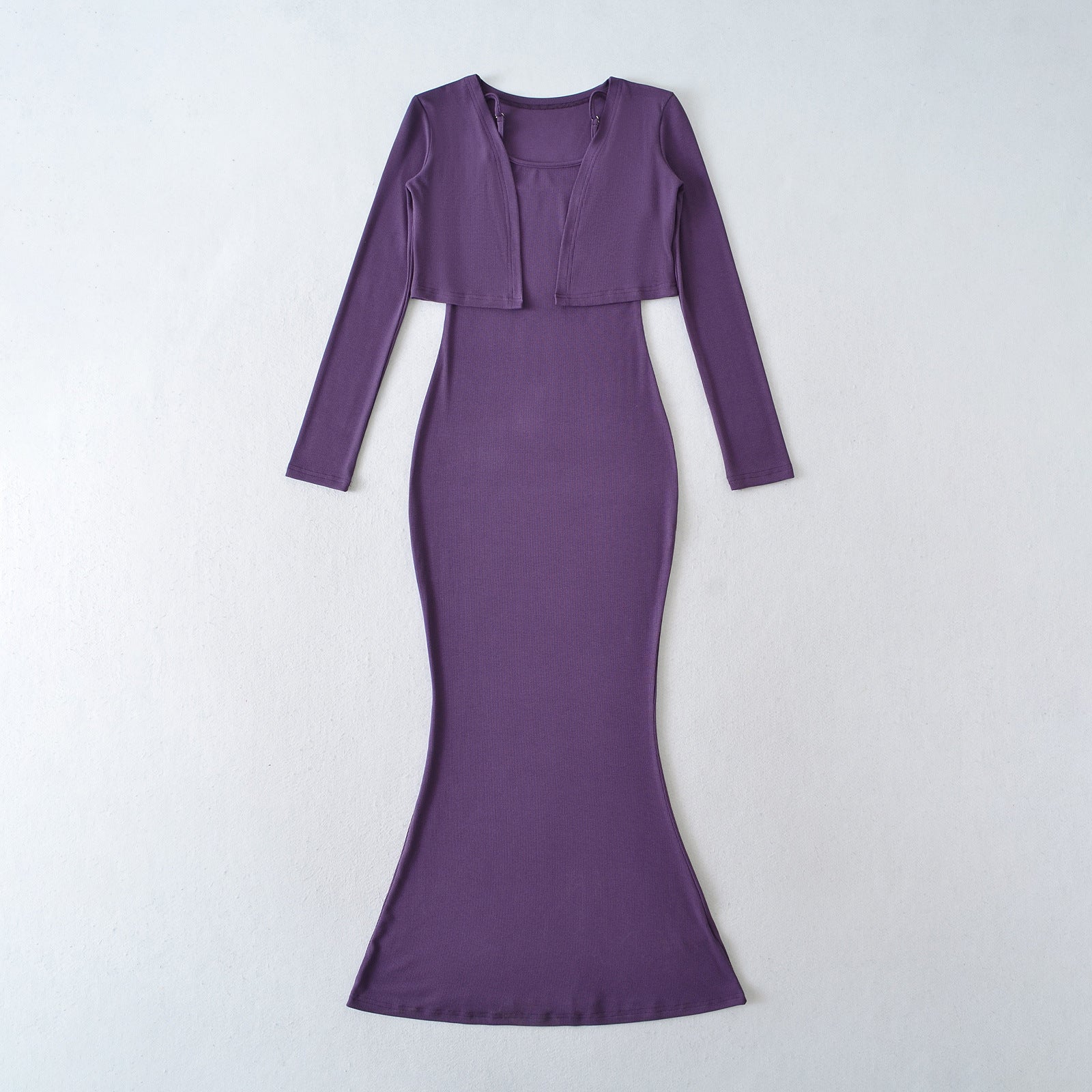 Strap Fish-tail Maxi Dress With Long-sleeve Cardigan A Sassy Two-piece Set For Women