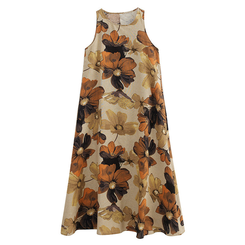 New Simple Fashion Bohemian Maxi Dress Sleeveless Round Neck Printed Dress Women