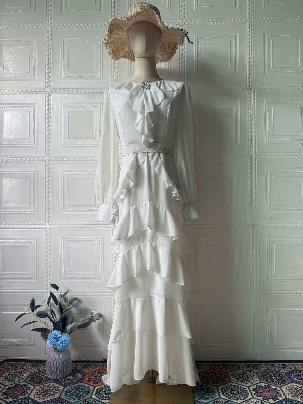 Elegant Ruffled Long-sleeve Waist-cinched Maxi Dress
