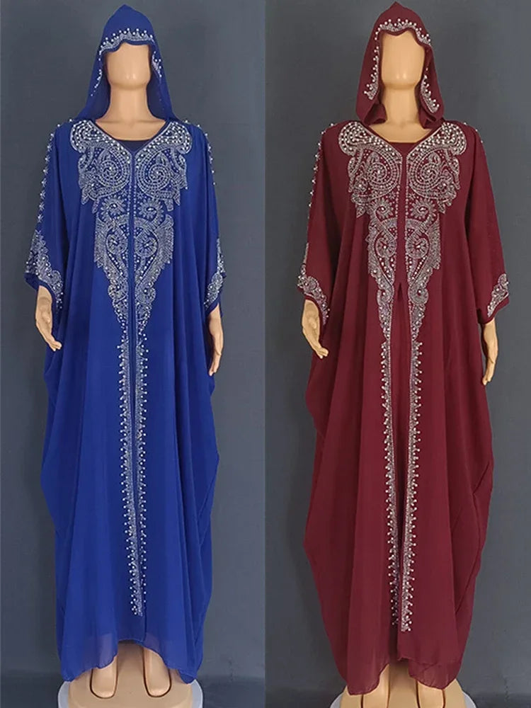 ALFO Muslim Dress for Women Hooded Abaya 2 Piece Set Diamond Jalabiya Morocco Party Dresses Dubai Abayas Kaftan Vestido Long Robe