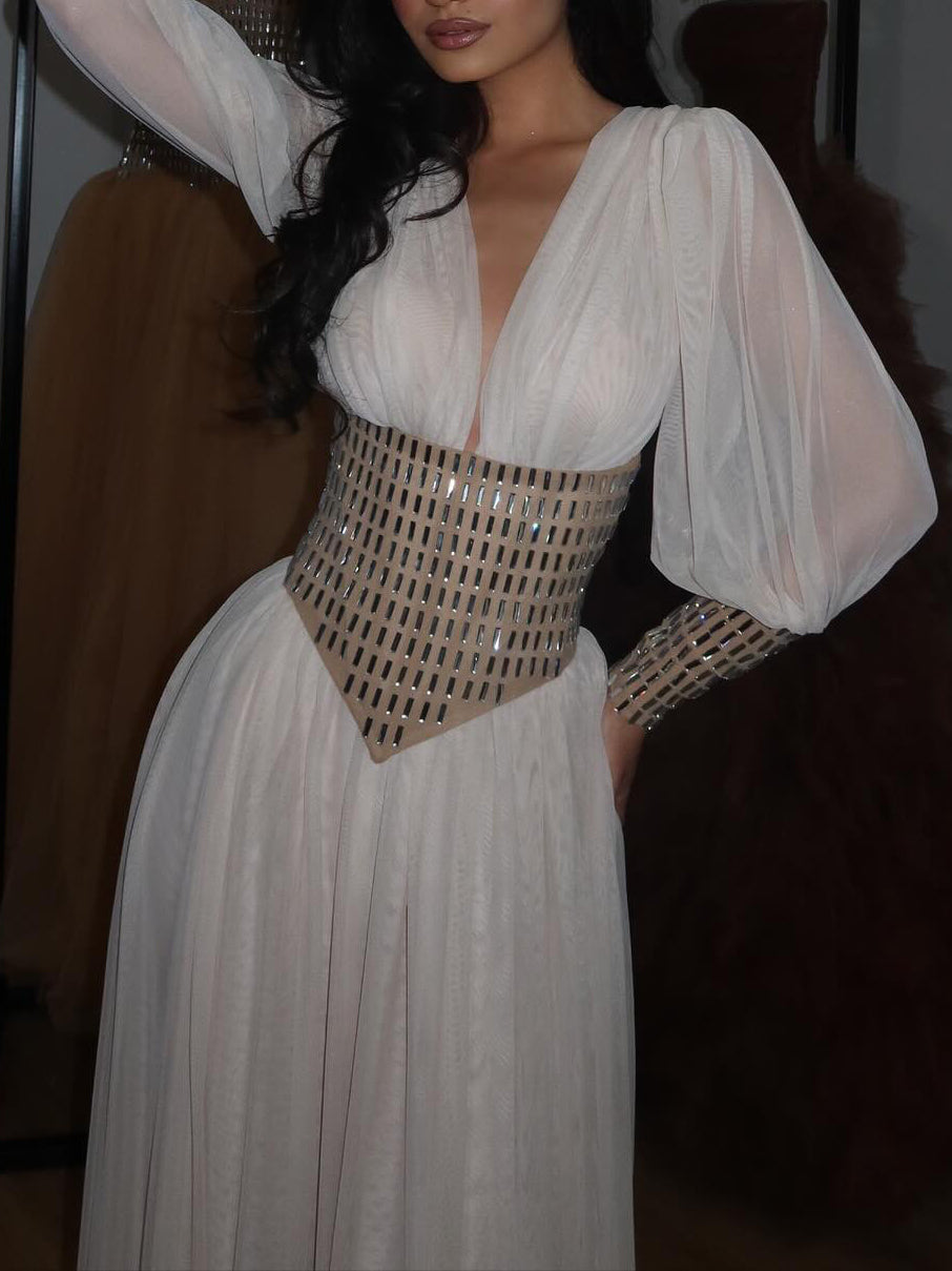 Deep V Long Sleeve Diamond Waist Maxi Dress