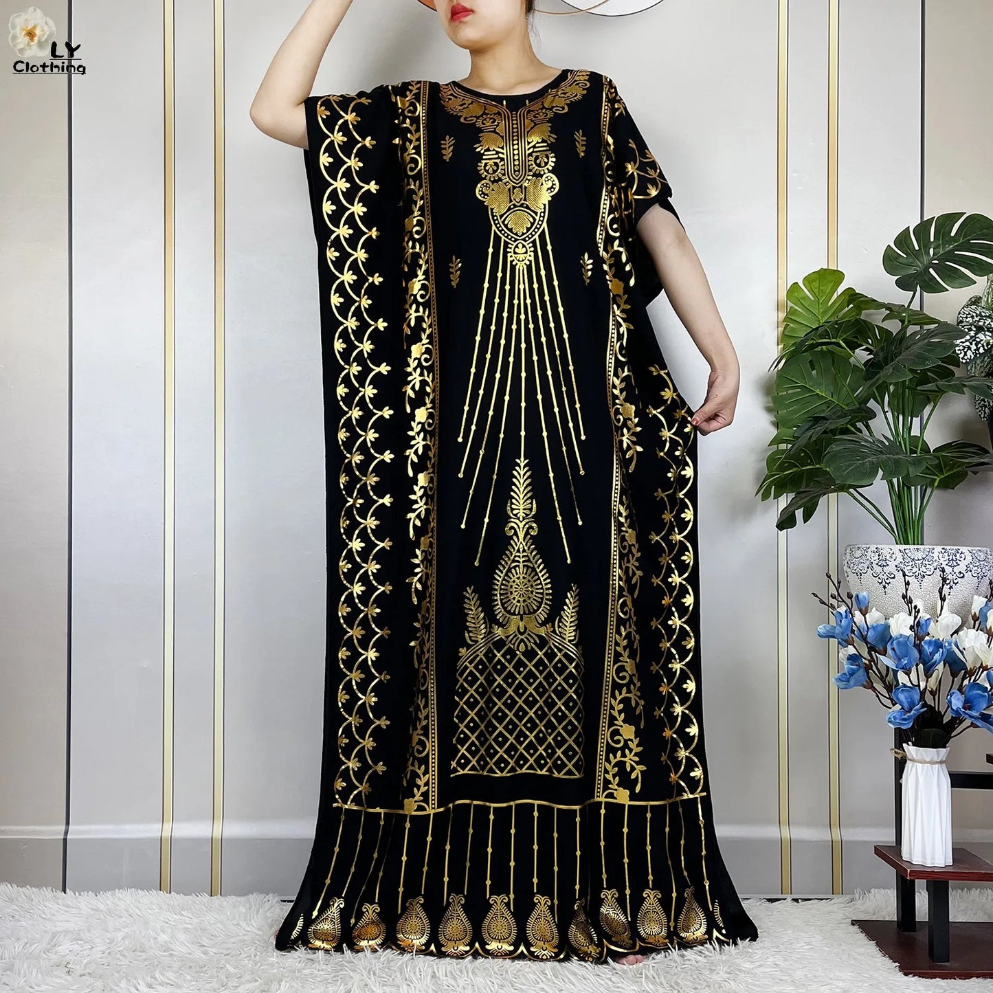 New ALFO  Muslim Summer Short Sleeve Robe Gold Stamping Boubou Maxi Women Femme Loose Dress With Big Scarf African Abaya Clothes