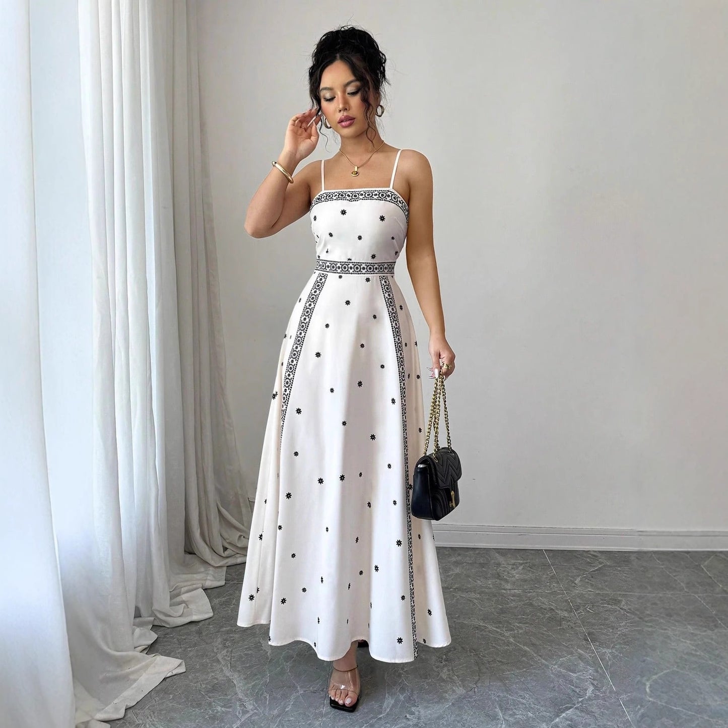Fitted-waist White Printed A-line Maxi Dress