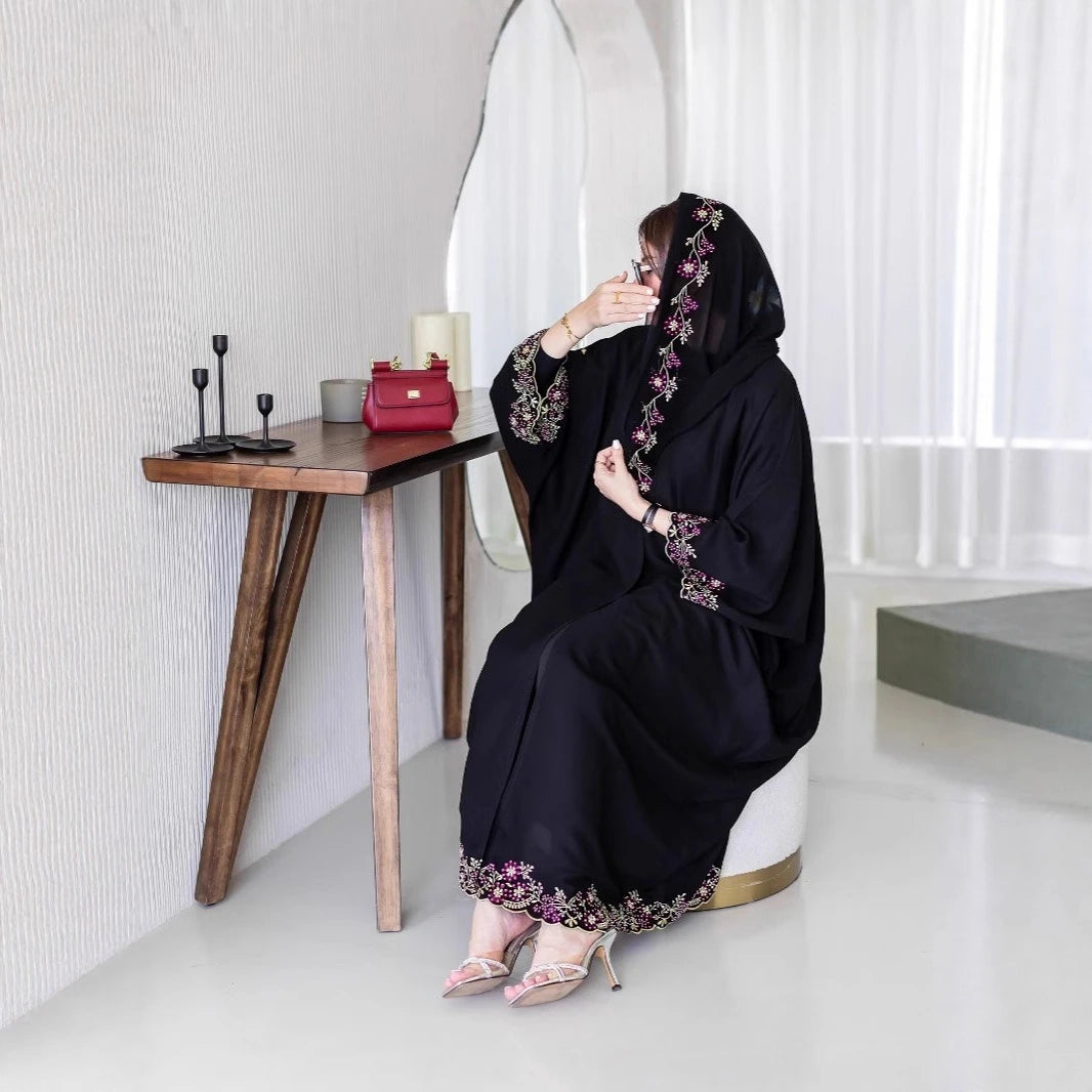 Women Jalabiya Dubai Abaya Eid Ramadan Party Gorgeous Long Dresses Embroidery Beads Diamond Abaya Women Muslim Dress with Scarf