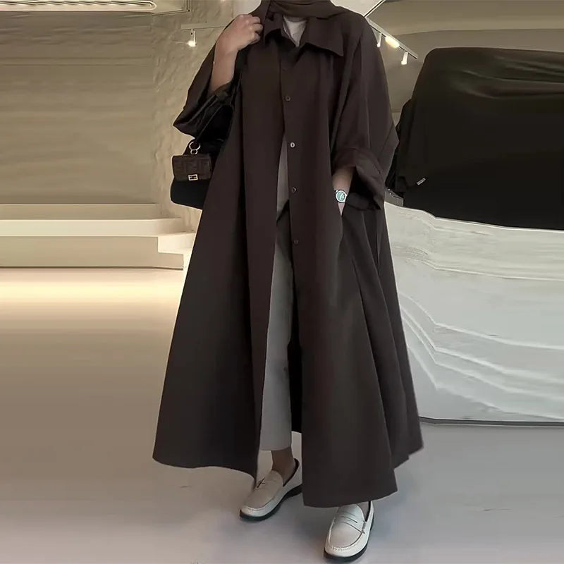 Eid Muslim Women Abaya Trench Coat Single Breasted Lapel Overcoat Ramadan Morocco Dubai Windbreaker Arab Casual Long Outerwear