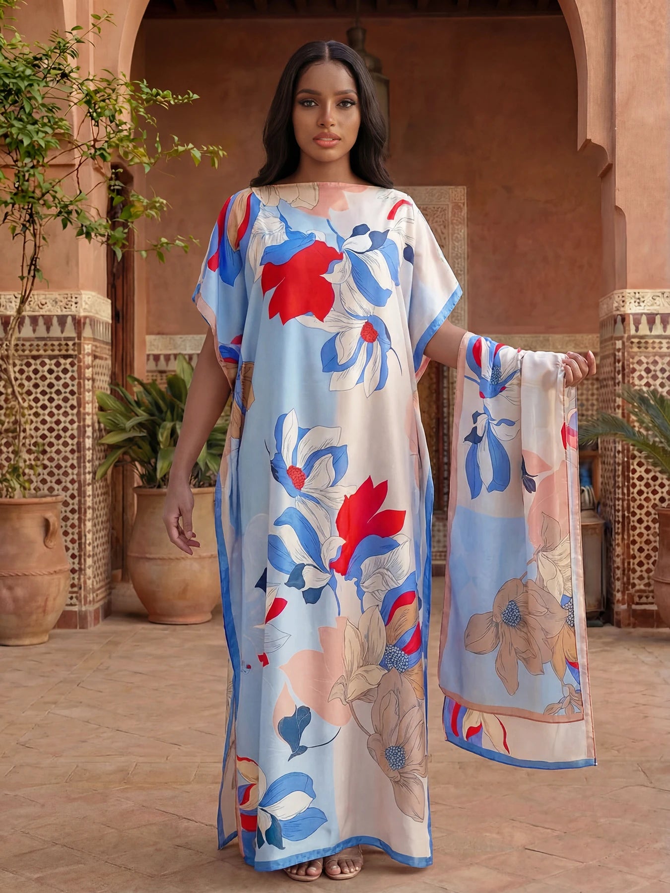 NEW Fashion Summer Dress With Big Scarf Dubai Turkey Kaftan Muslim Loose Abaya Women African Casual Leopard Print Shawl Robe