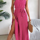 Women's Elegant Stand Collar Sleeveless Tie Waist Pleated Maxi Dress