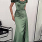 Green Off-shoulder Pleated Maxi Evening Dress