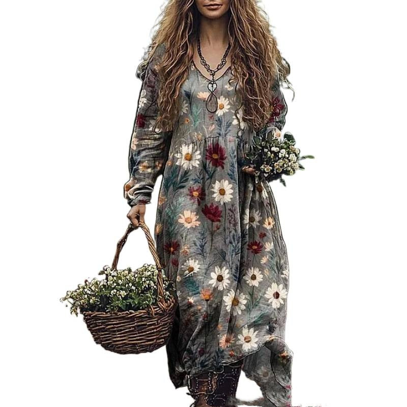 New Long Sleeve Dress Floral Bohemian Maxi Skirt Print