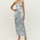 Floral Print Split Slit Silk Sleeveless Maxi Dress With Waist Tie For Women