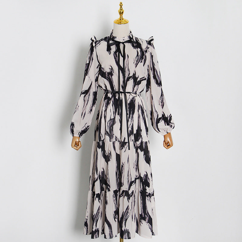 Women Maxi Dress Female Long Sleeve Printed Robe Lady